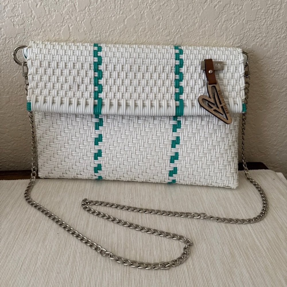 White and Teal Woven Clutch Bag